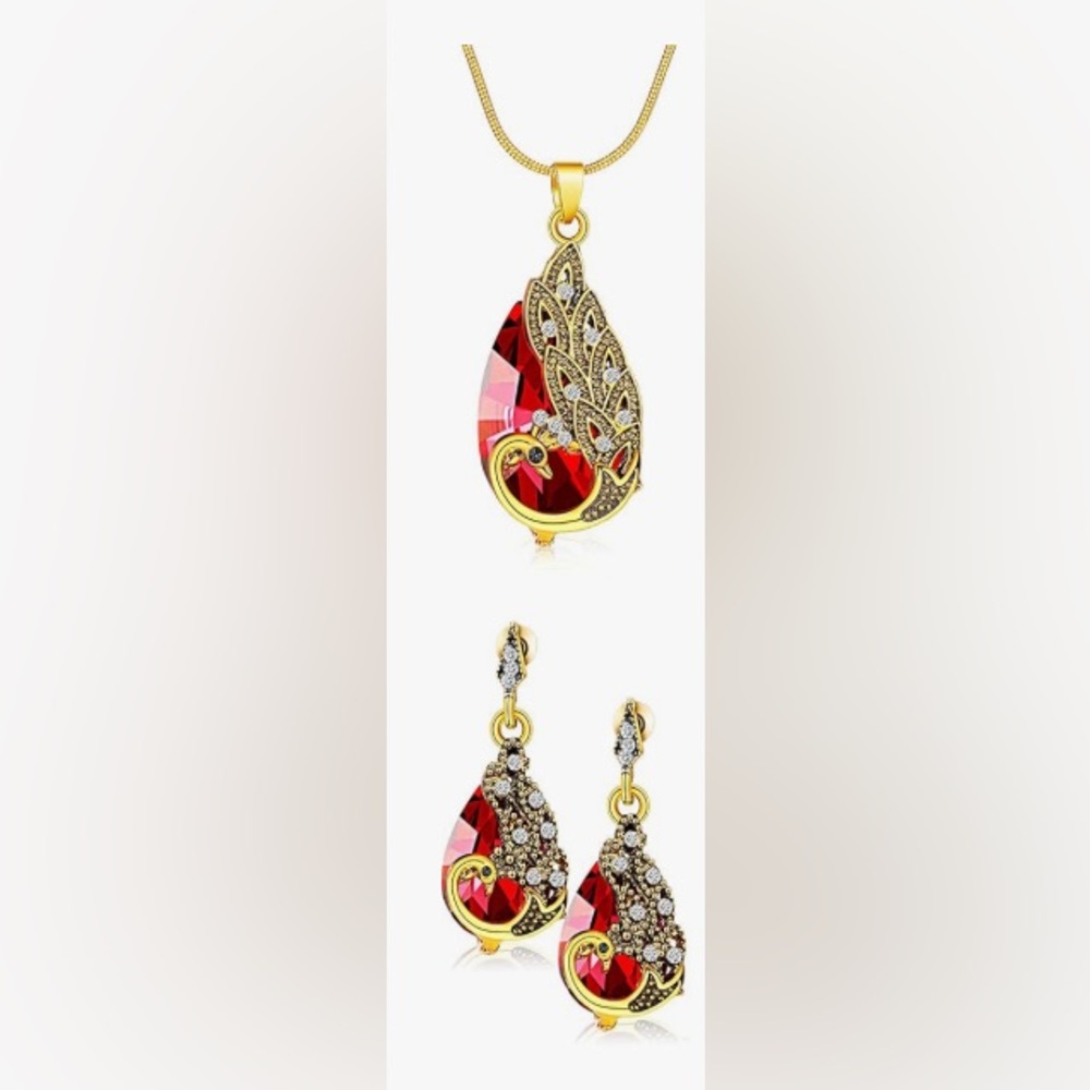 Elegant Gold and Red Peacock Necklace and Earrings Set